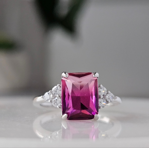 Pink Topaz Radiant Cut Gemstone Ring, 925 Sterling Silver Charmed Aroma - Picture 2 of 6